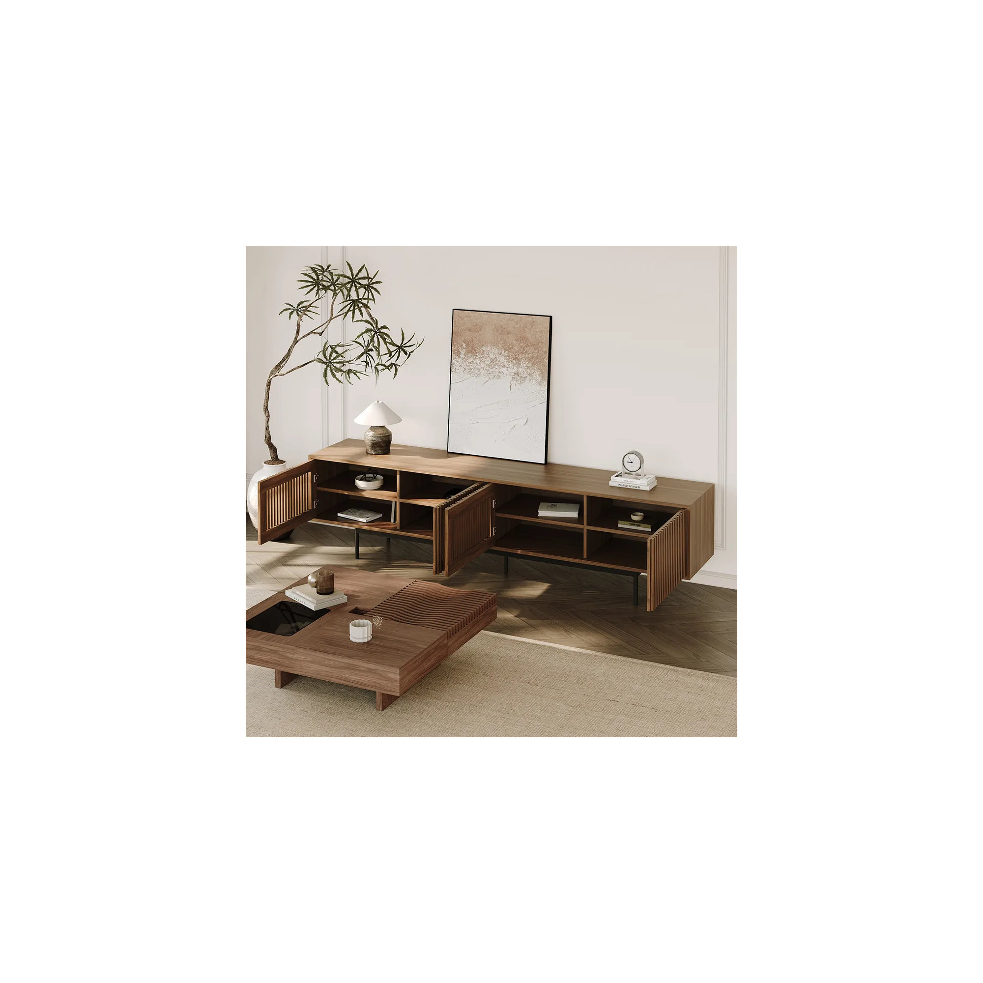Mid-Century Modern TV Stand, 21.26" H x 95" W x 18.89" D, Walnut