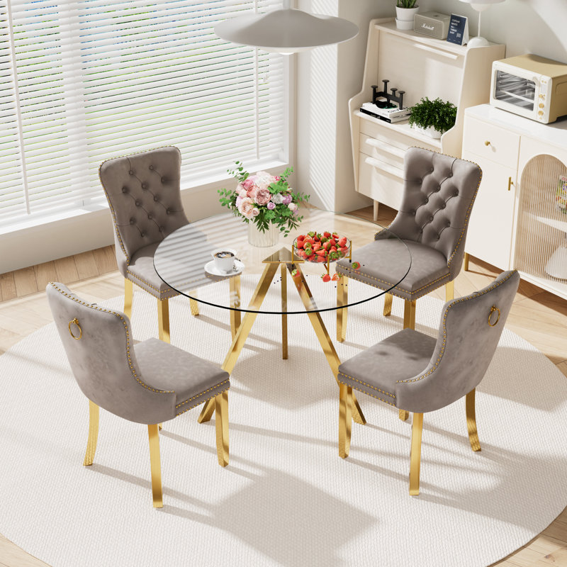 5-Piece Pedestal Gold Dining Set, Gray, 30" H x 39" W x 39" D