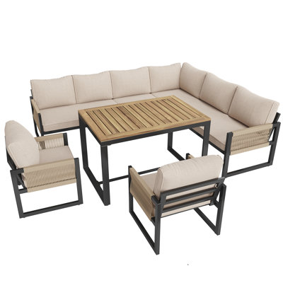 Modular Outdoor Garden Set - Waterproof Cd Polyester, Handwoven Rope, 8Cm Cushions, Corner Bench