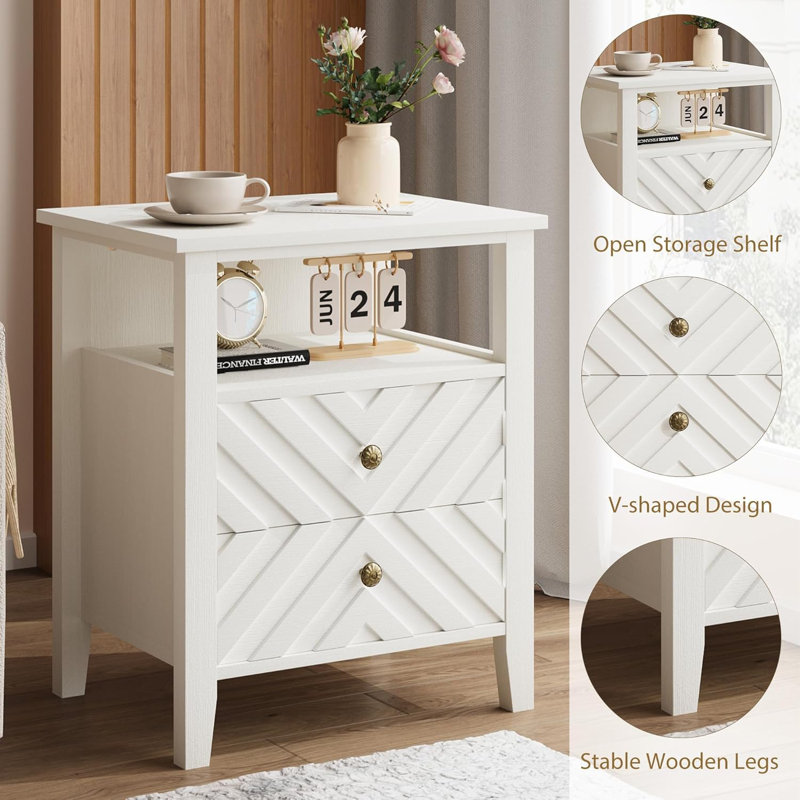 Nightstand with 2 Drawers, Rustic Bedside Table with Open Shelf, Stable Wooden Legs, for Bedroom or Living Room, White