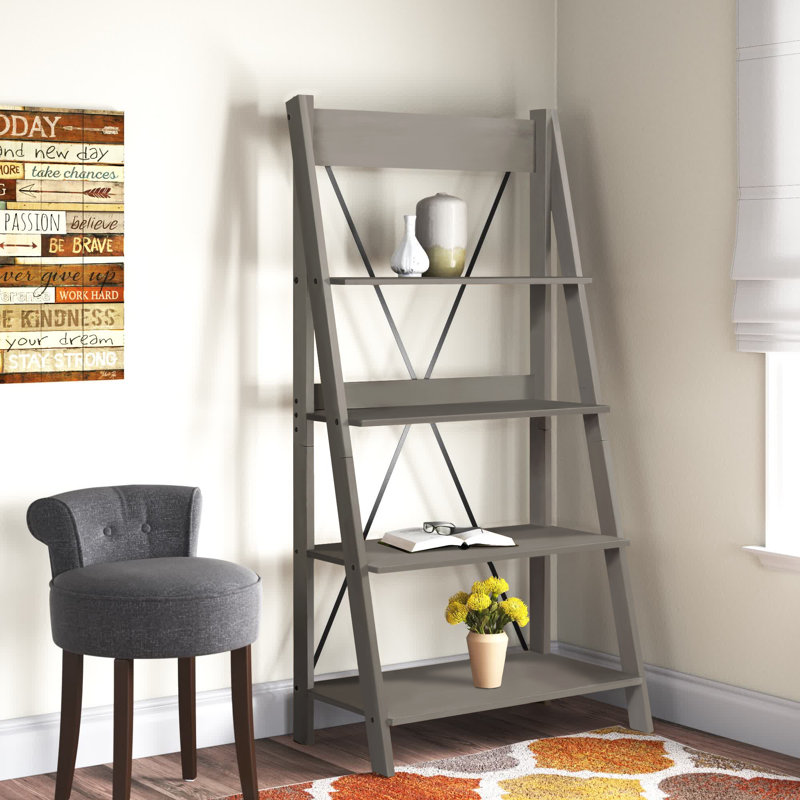 68" H x 35" W 4-Tier Solid Wood Ladder Bookshelf, Gray