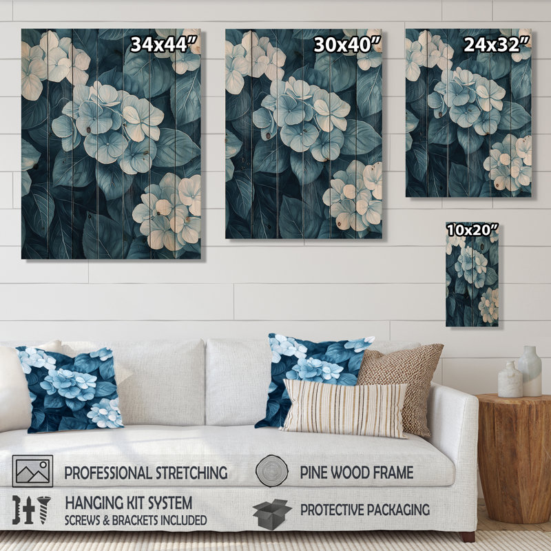 Motif d'amas hortensias monochromes II - décoration murale en bois d'hortensias - sur bois de pin naturel