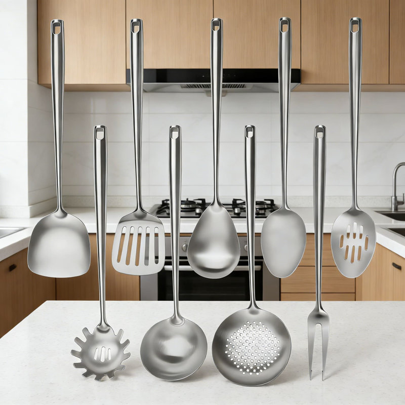 Professional 9-Piece Stainless Steel Kitchen Utensil Set, 18/10 All-Metal Cooking Tools With Wok Spatula, Ladle, Skimmer, Spoons, Dishwasher Safe For Everyday Cooking And Serving