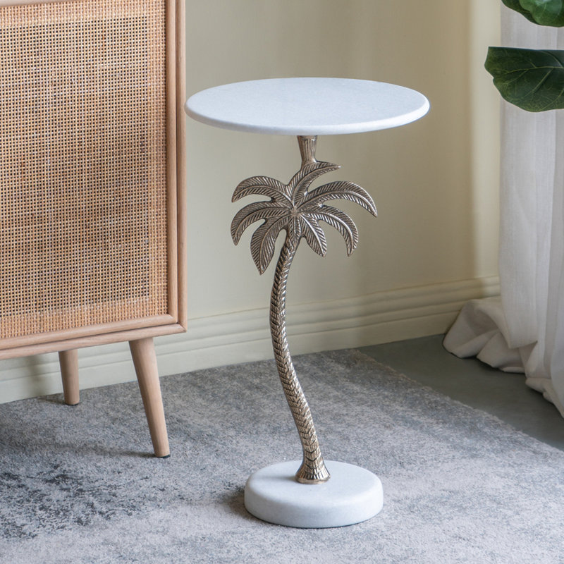 Table d'appoint ronde avec plateau en marbre blanc et palmier doré
