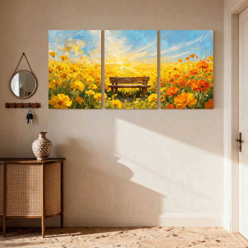 Assortiment de bouquets de coucher de soleil, champ de fleurs, reflet du ciel, ensemble de 3 reproductions d'art sur toile