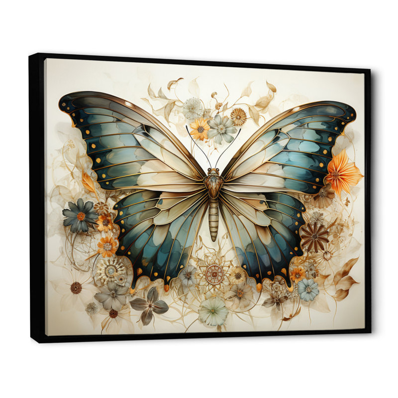 Papillon beige sarcelle, motifs complexes - art mural papillon, 30" H x 40" W, Cadre flottant noir