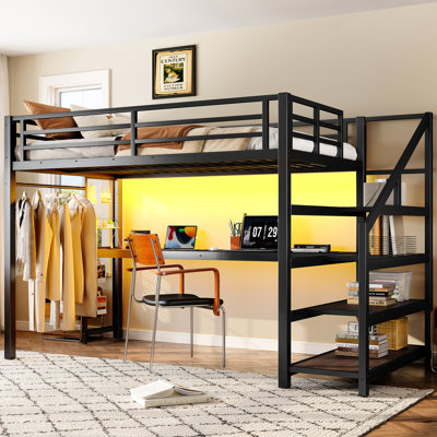 Black Twin Xl Loft Bed With Built - In Desk, Storage Stairs, Led Lighting, Ports, Iron Nets, Stable And Quiet, Metal Lights, Outlets, Noise , Ideal For Apartments,
