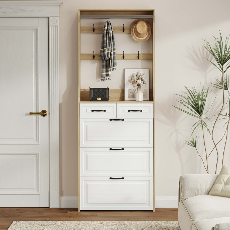Range-chaussures avec 3 portes et 2 tiroirs avec support, grand espace de rangement, Blanc / Naturel