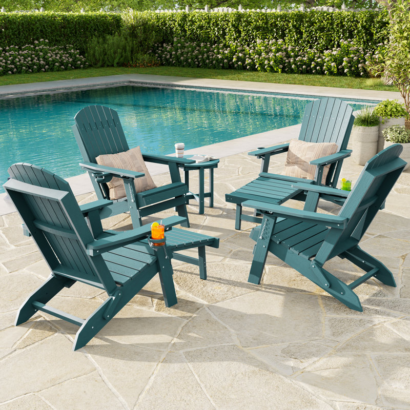 Folding Adirondack Chair with Retractable Ottoman & Cup Holder, 3-Position Adjustable for Patio, All-Weather Outdoor Seating