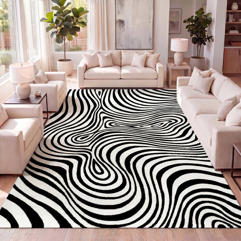 Maribo High-Low Abstract Groovy Striped Black/White Rug, Rectangle 3'11" x 6'