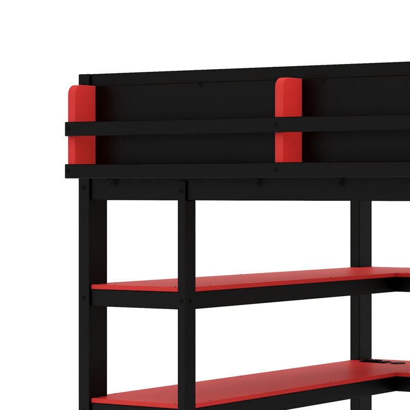 Lit mezzanine avec bureau, support de rangement latéral, tablettes multiples, Rouge