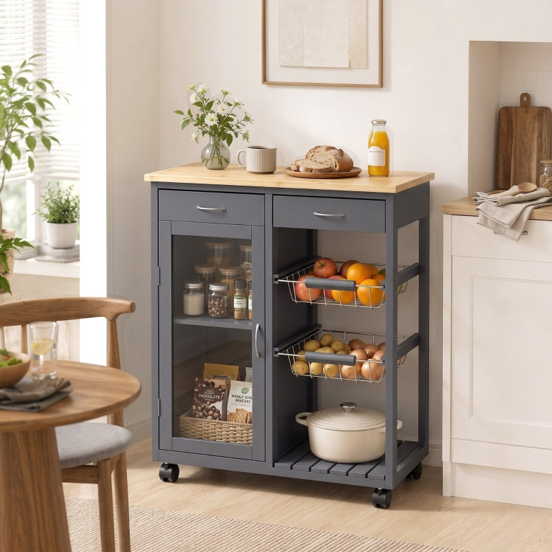 Rolling bamboo top kitchen island trolley, grey mobile storage cart with glass door, 2 drawers, 2 metal wire baskets and lockable wheels