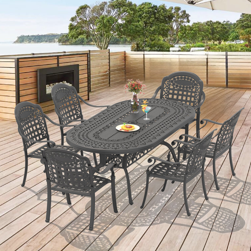 81.89"L 41.34"W Oval Table Cast Aluminum Outdoor Dining Set with Umbrella Hole and Blue Cushions, 6