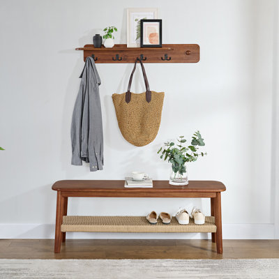 Banc avec rangement Alisma - Banc d'entrée de 48 pouces de la collection Calais - Banc Mid-Century moderne en bois d'acacia massif (châtaignier chaud)