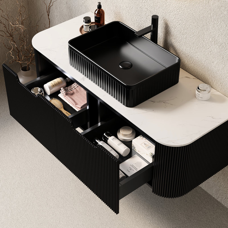 Meuble-lavabo 48 po avec lavabo, lavabo en céramique noire, rangement flottant, 2 tiroirs, rayé 3D mat, système de fermeture en douceur, comptoir, pré-assemblé, système rayé facile à installer