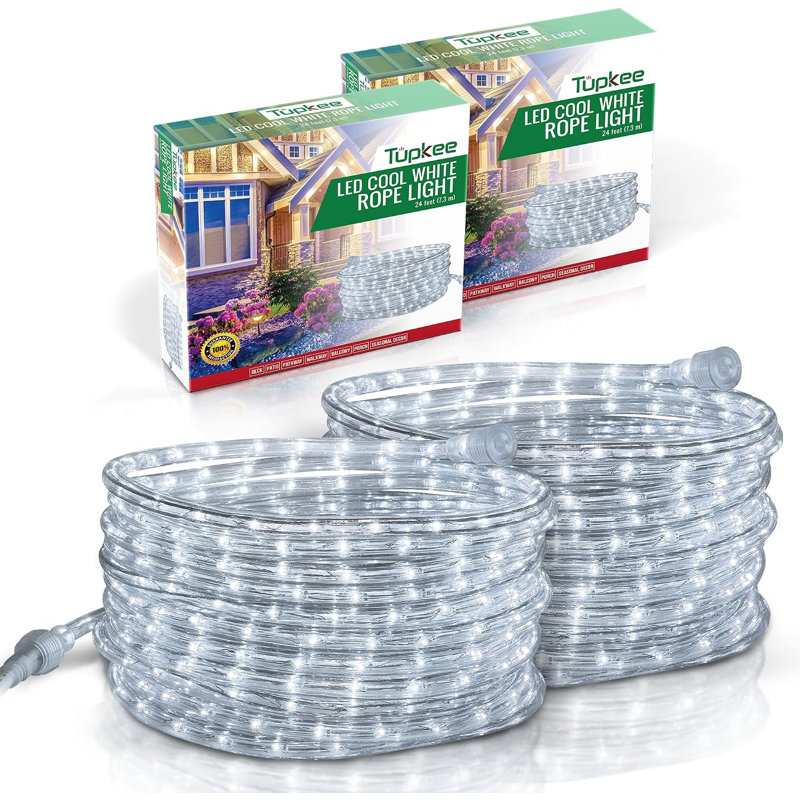 Ensemble de 2 lumières DEL à corde, 24 pi chacune, imperméables, intérieures et extérieures connectables, Blanc froid