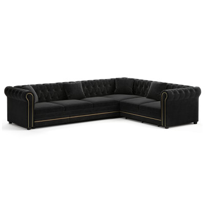 115.3" L-Shaped Velvet Sectional Sofa with Pull-Out Bed, Black Convertible Sleeper Couch with Gold Trim Rolled Arms and Deep Seat