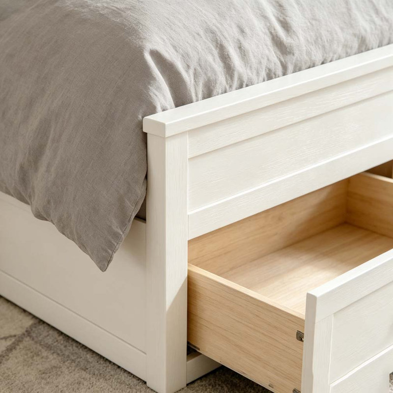 Base de lit en bois avec rangement à 6 tiroirs, lit plateforme avec support en lattes de bois, Blanc