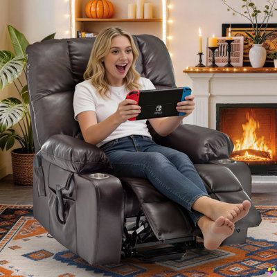 Karelin 39.76"W Dual Motor Faux Leather Power Lift Recliner Chair with Massage & Lumbar Heat, 180° Flat Reclining Elderly Assist Sofa with Cup Holders & Side Storage Pockets, 300LBS Capacity