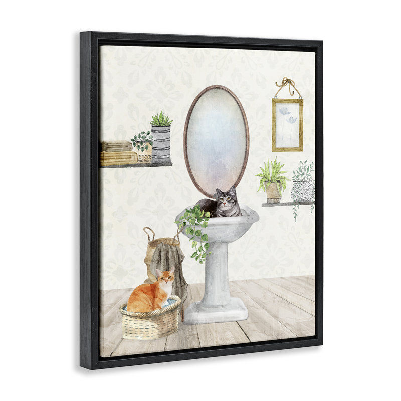 «Cats in Bathroom Scene», art mural sur toile par Kim Allen, Cadre flottant noir de jais, H 31 po x l 25 po