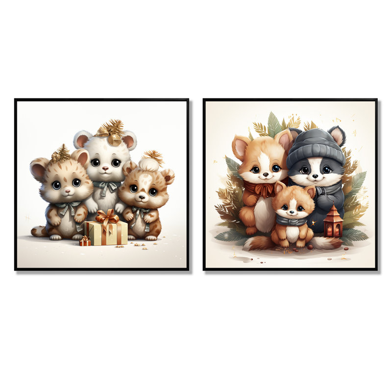 Joyfull Nursery Teddy Bears IV - ensemble de 2 reproductions d'art sur toile, Cadre noir, H 16 po x l 33 po x P 1 po