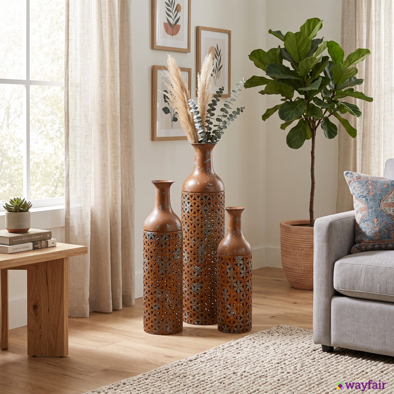 Ensemble de 3 vases de sol décoratifs en métal avec motif de feuilles ajourées