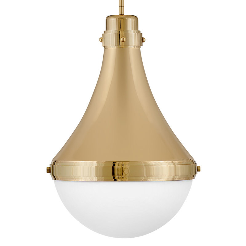 Oliver Adjustable Pendant Light w/ Etched Opal Glass, Bright Brass, 21.25" H x 14.25" W x 14.25" D