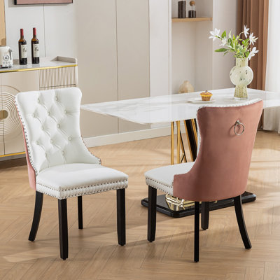 Furniture, Collection Nikki, ensemble de 2 chaises de salle à manger rembourrées en PU et en velours avec pieds en bois et garniture cloutée