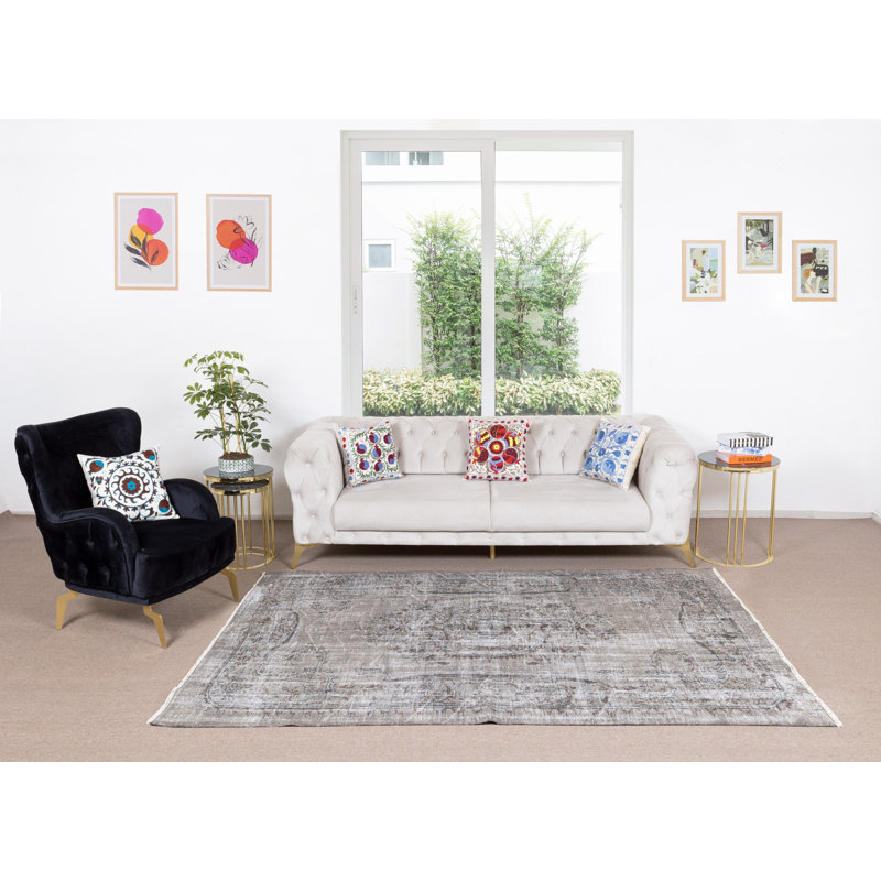 Tapis médaillon 6 x 8,8 pi surteint en gris, fabriqué à la main en Turquie