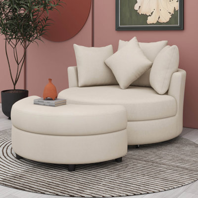 Fauteuil demi-tonneau pivotant à 360 ° avec repose-pieds de rangement et 4 coussins, fauteuil de loisirs moderne en chenille