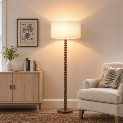 62" Sculptural Solid Wood Floor Lamp with Stacked Wood Bead Pole, 18" Linen Drum Shade, Walnut Finish and Foot Switch