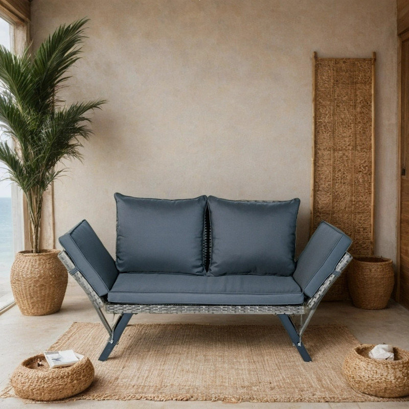 Canapé moderne pliable en osier pour patio, banc de cour arrière avec coussin gris foncé
