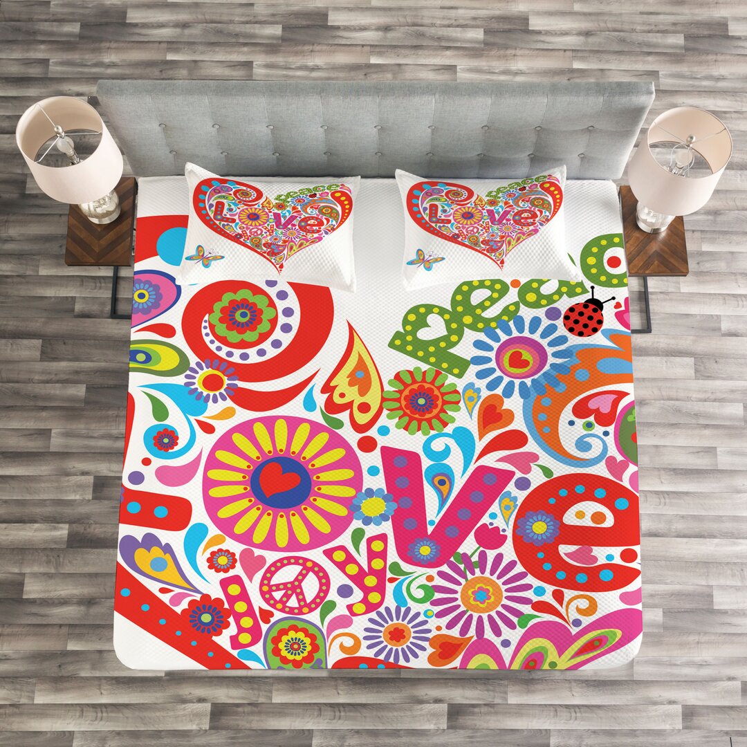 Tagesdecke Set, Bunte Friedensherz, Hippie, Mehrfarbig