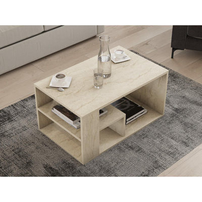 Stylish Coffee Table with Wall-Mount Option, Travertine Finish, 31.5 x 19.7 x 15.7 inches | 100% Melamine Coated Particle Board, Thickness: 0.7 inches | Additional Storage & Multiple Shelves, Modern Marble Design