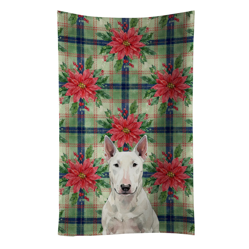 White Bull Terrier Christmas PoinsettIas Kitchen Towel, White Bull Terrier