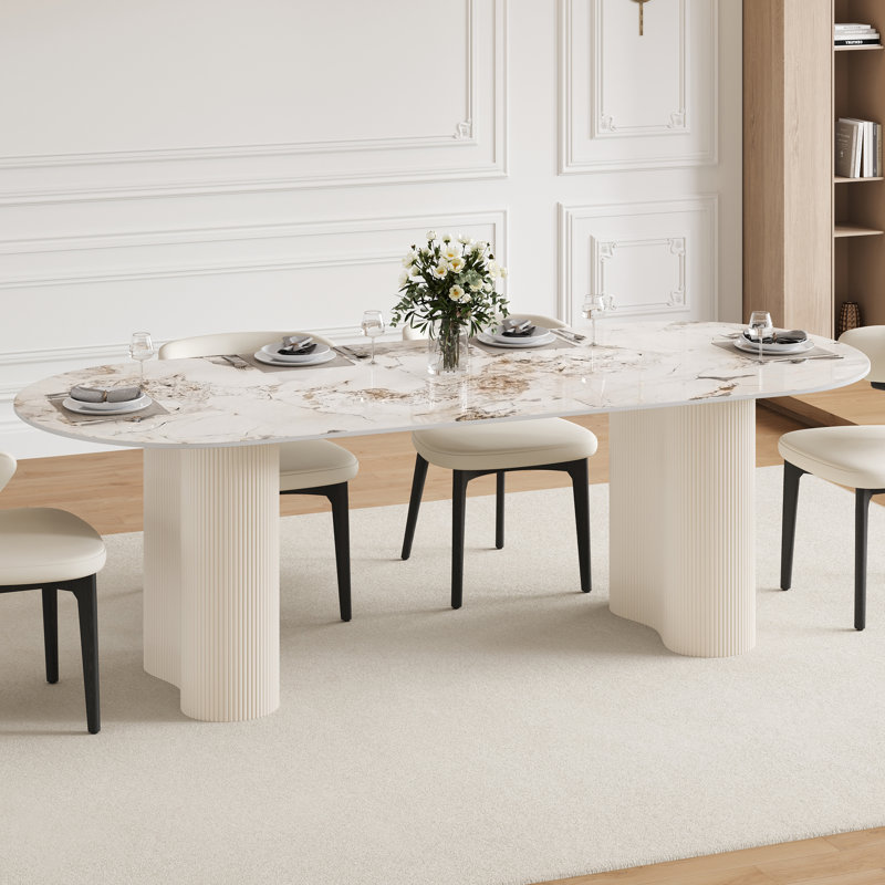 Table de salle à manger 70,86 "/ 78,74" ovale moderne avec plateau en pierre frittée et piédestal cannelé pouvant accueillir 6 à 8 tables de cuisine Disponible en plusieurs couleurs et tailles