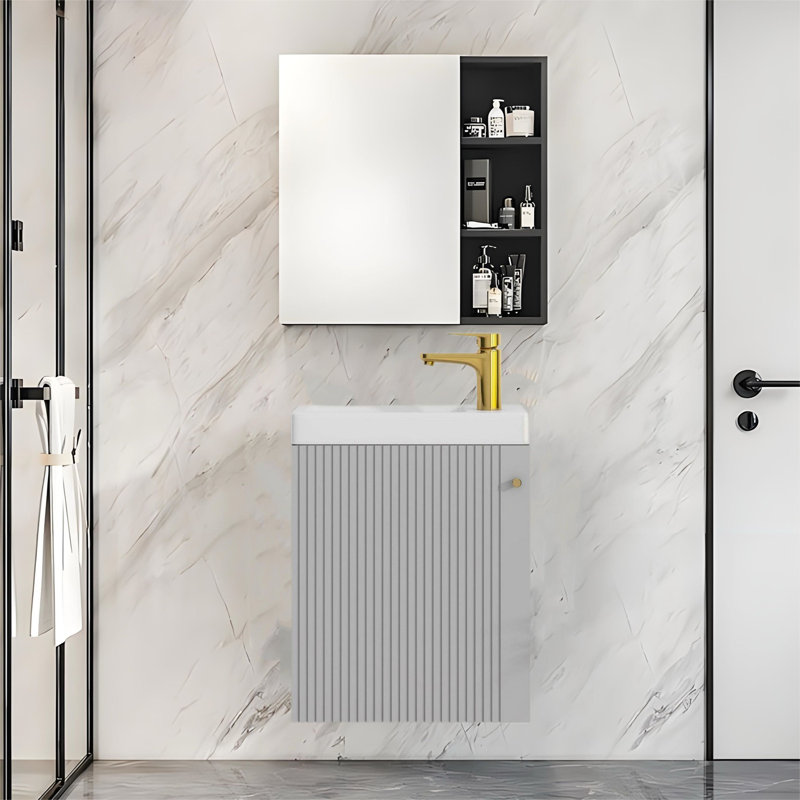 15.95" Wall-Mounted Bathroom Vanity with Ceramic Top, Gray