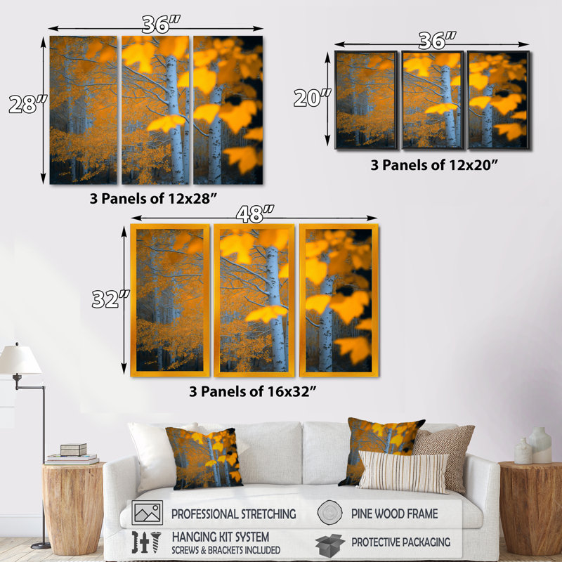 Gros plan sur des feuilles jaunes dans la forêt - ensemble d'art mural sur toile, H 28 po x l 36 po x P 1 po