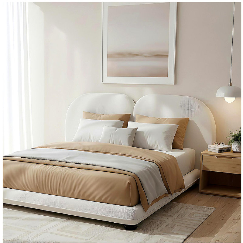 Structure de lit tapissier extra épais avec tête de lit fendue luxueuse, tissu molletonné Teddy, 800 lb, robuste, facile à assembler, blanc, très grand
