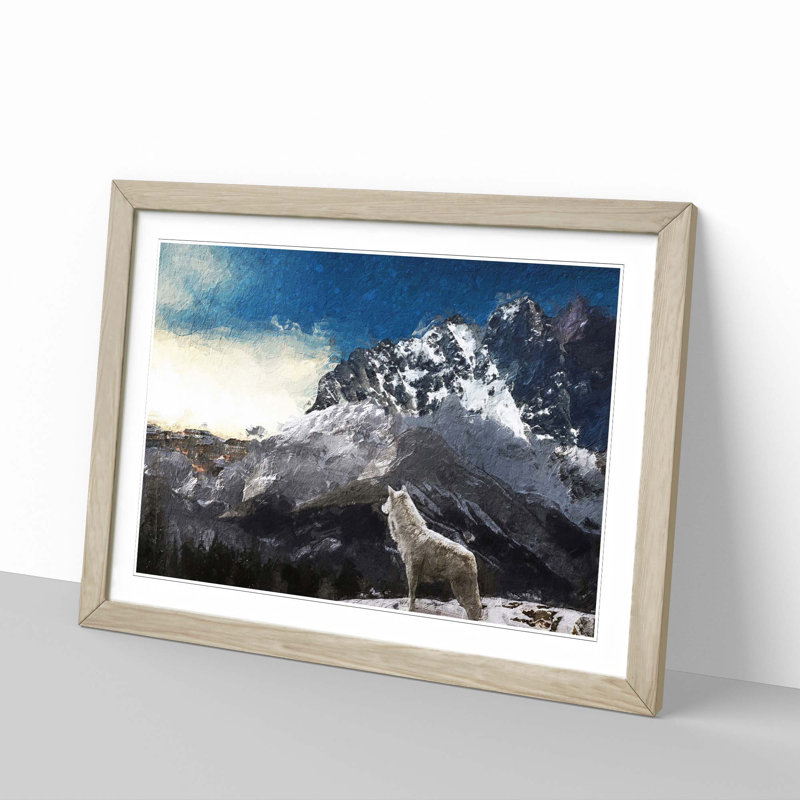 White Wolf with a Mountain Landscape - Picture Frame Painting Print, 48cm H x 65cm W x 2cm D, Oak Framed