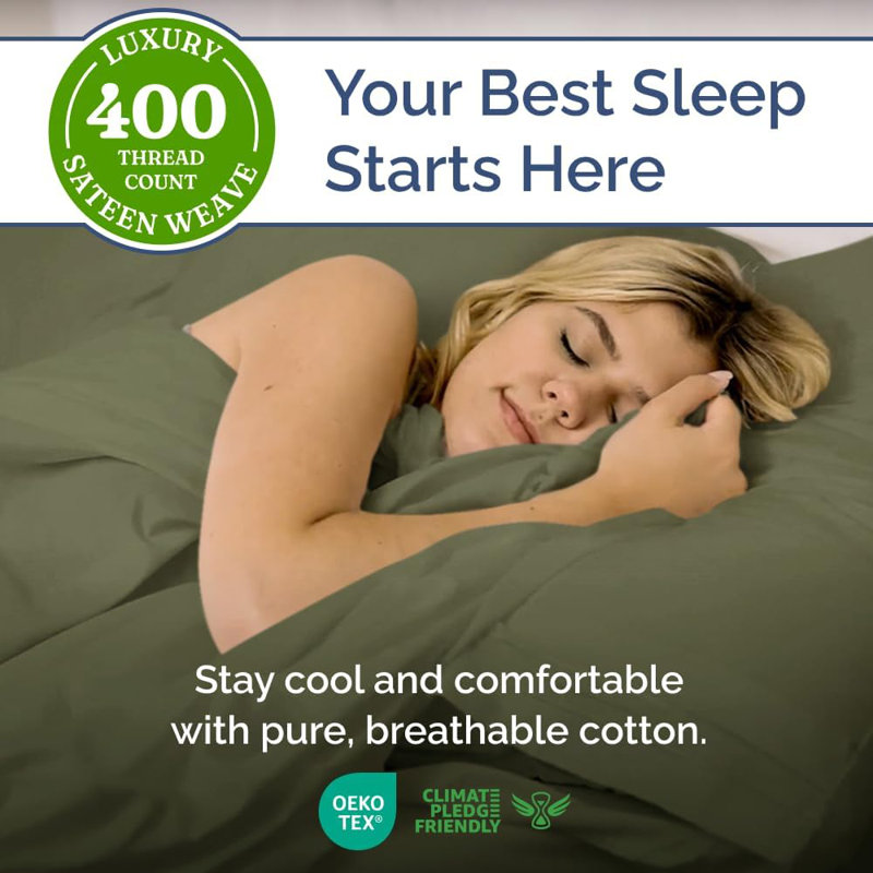 100% Cotton Sheet Set, 400 Thread Count Hotel Luxury Bedding, Soft & Breathable Bed Sheets, 4 Piece Set, Sage Green