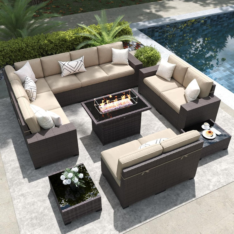 13 Pieces Outdoor Patio Furniture Set with 44" Fire Pit Table Brown Rattan Sectional Sofa Conversation Sets, Beige, Brown
