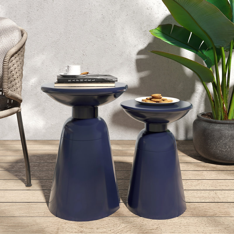 Serenita Outdoor Iron Side Tables Set of 2 with Flared Design, Navy Blue