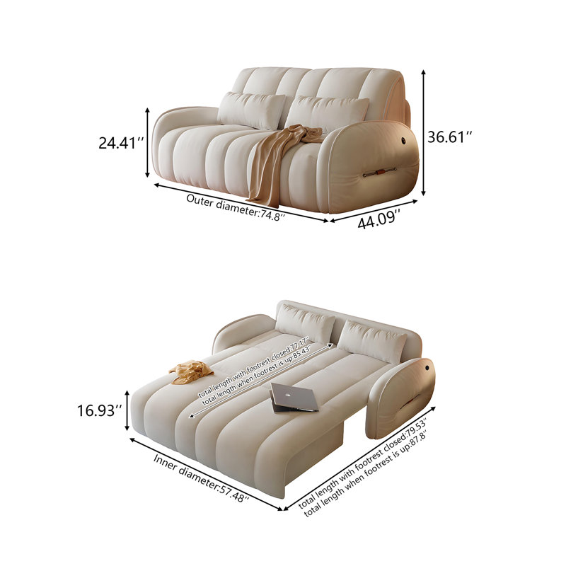 Canapé-lit inclinable électrique pliable de style crème 74.80 "avec ports USB, 36.61" H x 74.80" W x 44.09" D