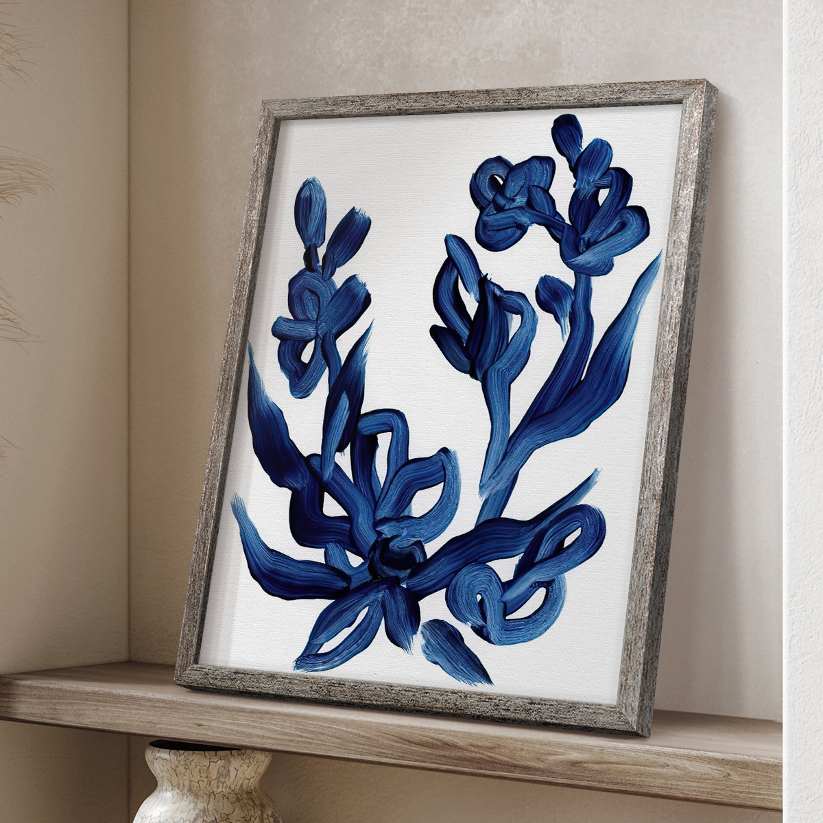 Winston Porter Indigo Brush Blooms I Framed Print - Solid Wood | Wayfair