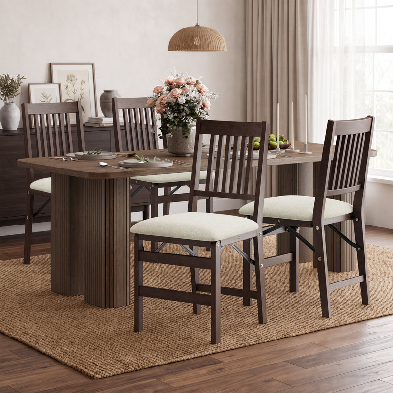 Padded Stackable Folding Dining Chairs with Solid Wood Frame, No Assembly, Fabric-Beige
