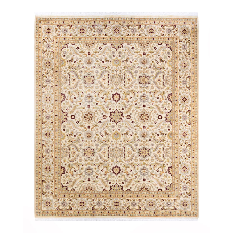 Tapis ivoire en laine noué à la main de conception unique 8 pi 3 po x 10 pi Hina Hina