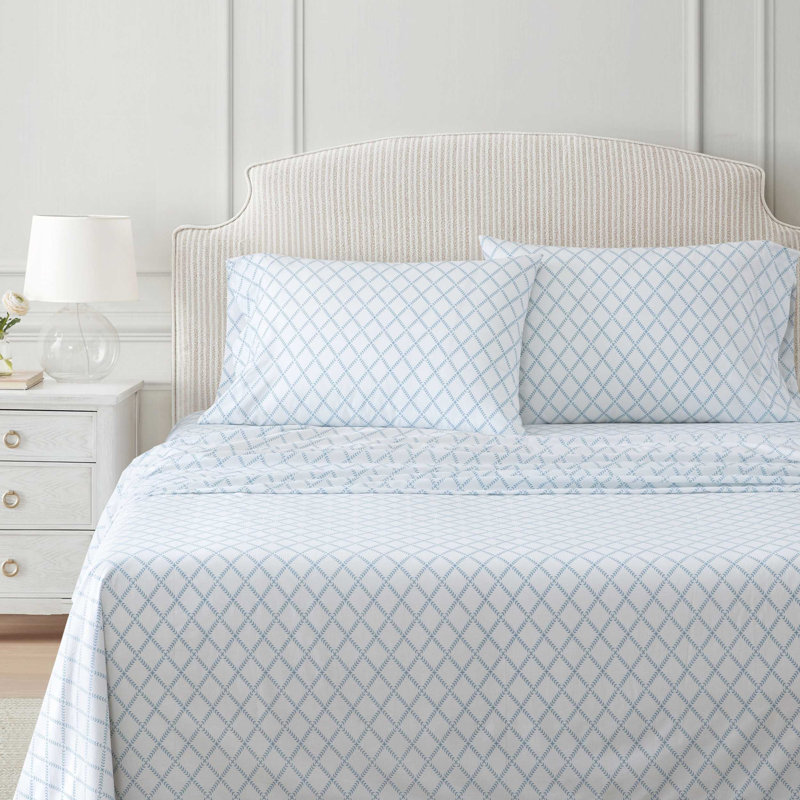 Martha Stewart Cotton Percale  Sheet Set, Full Sheet Set with 2 Pillowcases, Leaf Trellis Blue