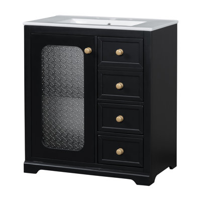 Meuble-lavabo de 30 pouces avec porte en verre à fermeture en douceur, tablettes réglables et trois tiroirs
