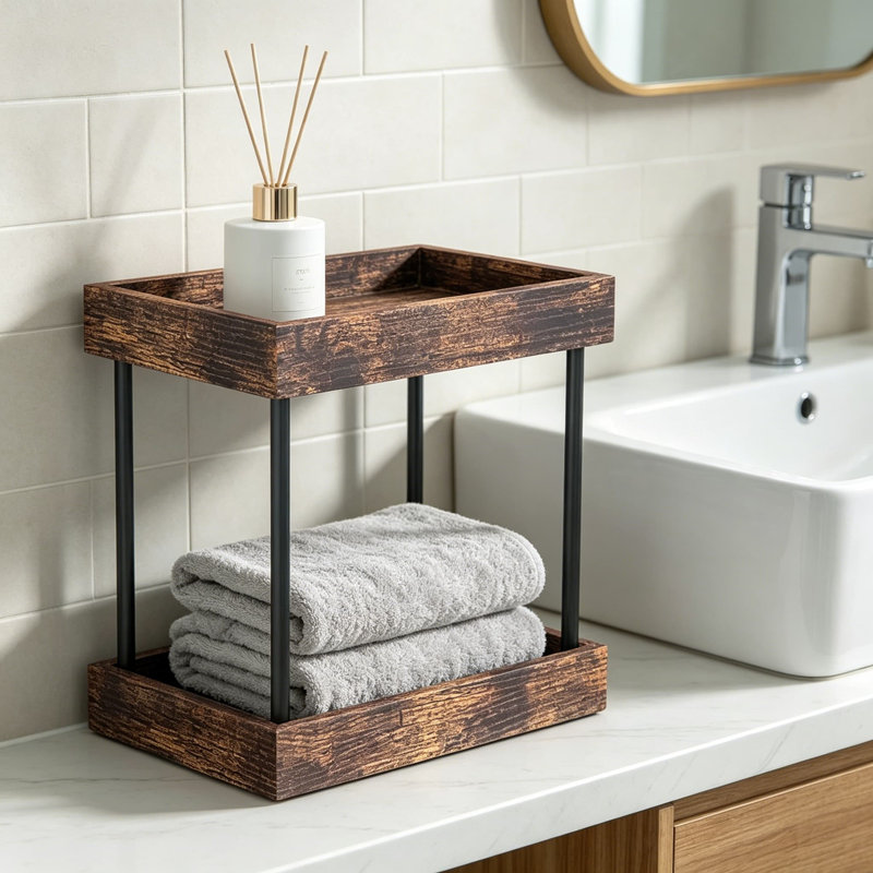 Comptoir de rangement de salle de bain à 2 niveaux, plateau de meuble-lavabo en bois pour le rangement des cosmétiques, organisateur de station de café rétro, support à épices de cuisine pour comptoir, structure en métal robuste
